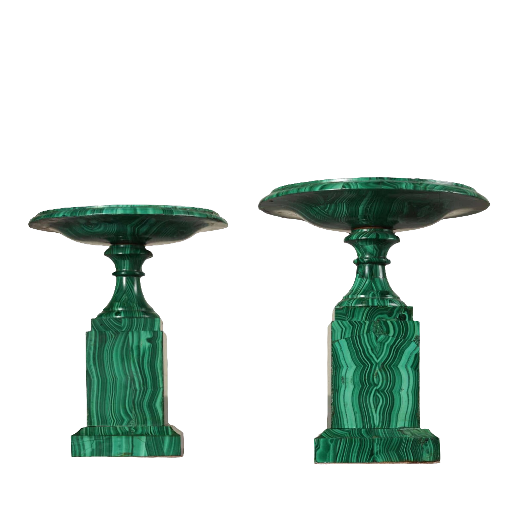 Pair of Russian malachite tazzas with intricate banded patterns, elegant form, from Collection TH20.