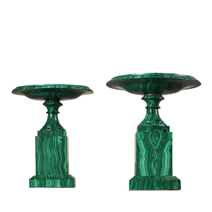 Pair of Russian malachite tazzas with intricate banded patterns, elegant form, from Collection TH20.
