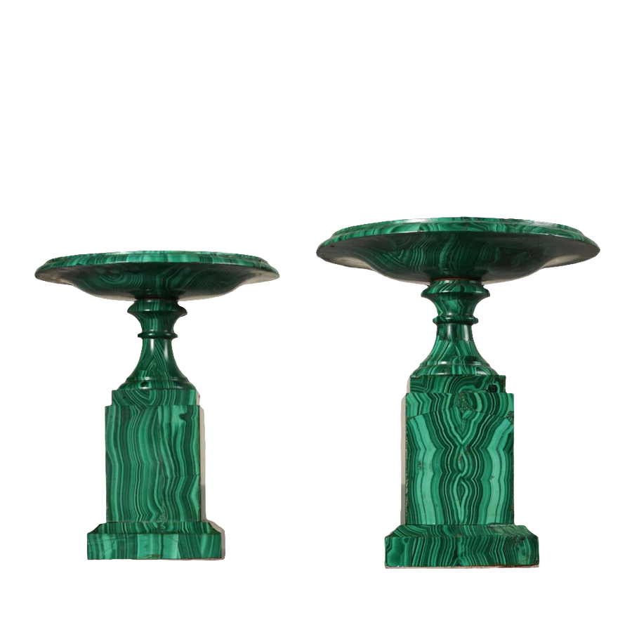 Pair of Russian malachite tazzas with intricate banded patterns, elegant form, from Collection TH20.