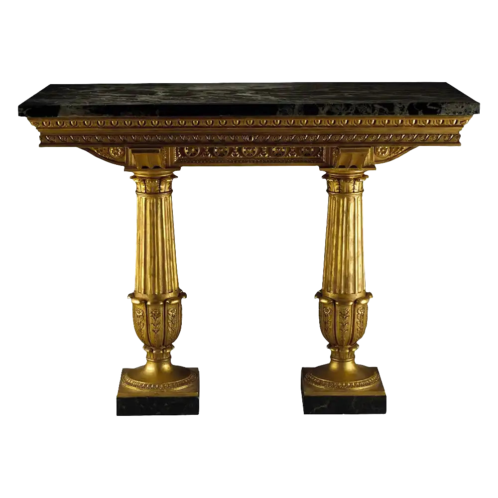 Genoese Giltwood Console Table Attributed to Leopoldo Pollack with Verde Antico marble top and gilt fluted columns circa 1800.