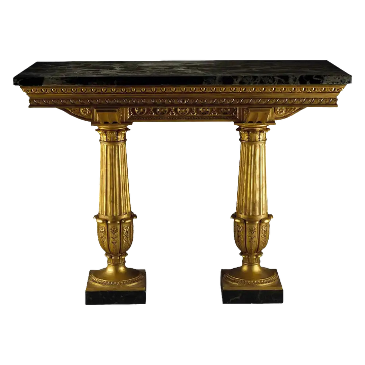 Genoese Giltwood Console Table Attributed to Leopoldo Pollack with Verde Antico marble top and gilt fluted columns circa 1800.