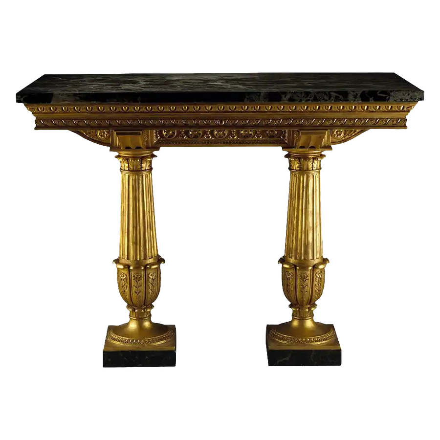Genoese Giltwood Console Table Attributed to Leopoldo Pollack with Verde Antico marble top and gilt fluted columns circa 1800.