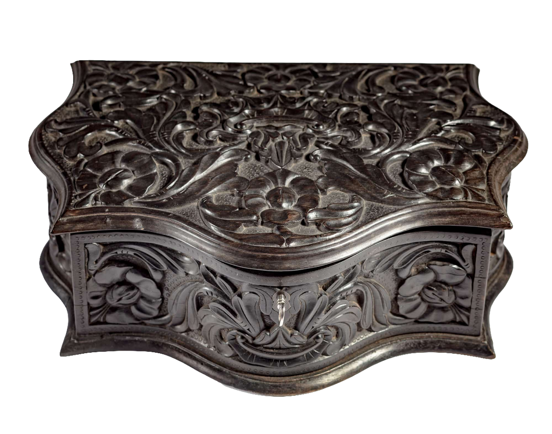 Mid 19th century carved ebony workbox with floral detail by Nicholas Wells Antiques, Southern Ceylon circa 1850