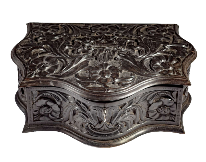 Mid 19th century carved ebony workbox with floral detail by Nicholas Wells Antiques, Southern Ceylon circa 1850