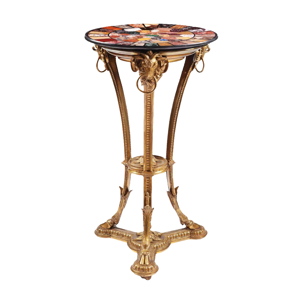 Pietra Dure Specimen Marble and Bronze Table with 65 rare marbles and stones, 19th-century ornate circular design.