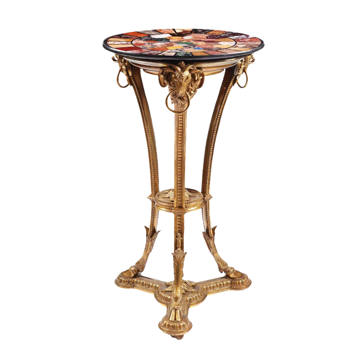 Pietra Dure Specimen Marble and Bronze Table with 65 rare marbles and stones, 19th-century ornate circular design.