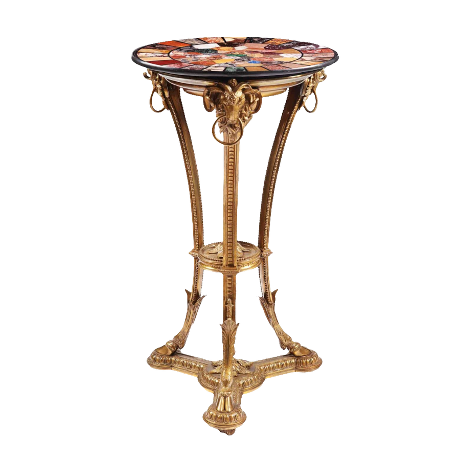 Pietra Dure Specimen Marble and Bronze Table with 65 rare marbles and stones, 19th-century ornate circular design.