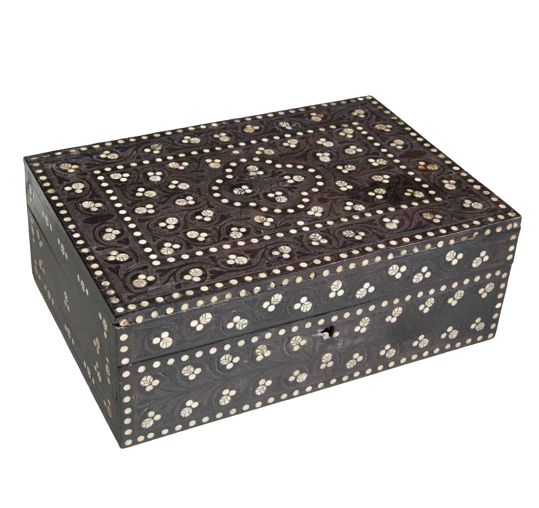 Indian ebony dressing box with inlaid bone floral details and stipple work from Collection EE20 circa 1880