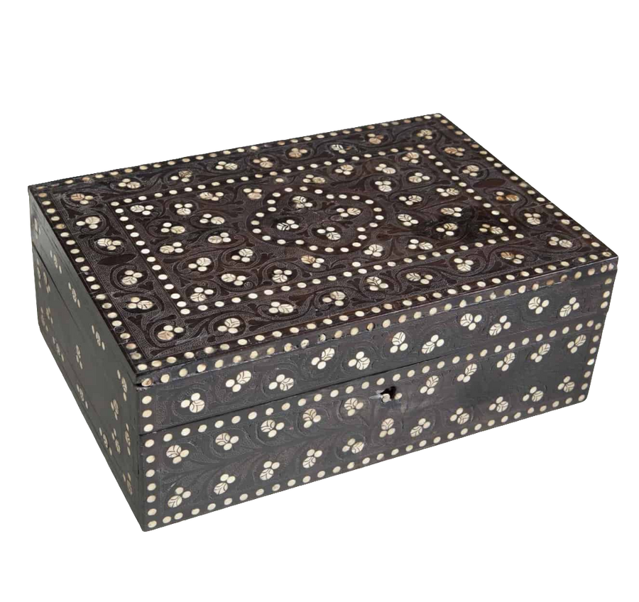 Indian ebony dressing box with inlaid bone floral details and stipple work from Collection EE20 circa 1880