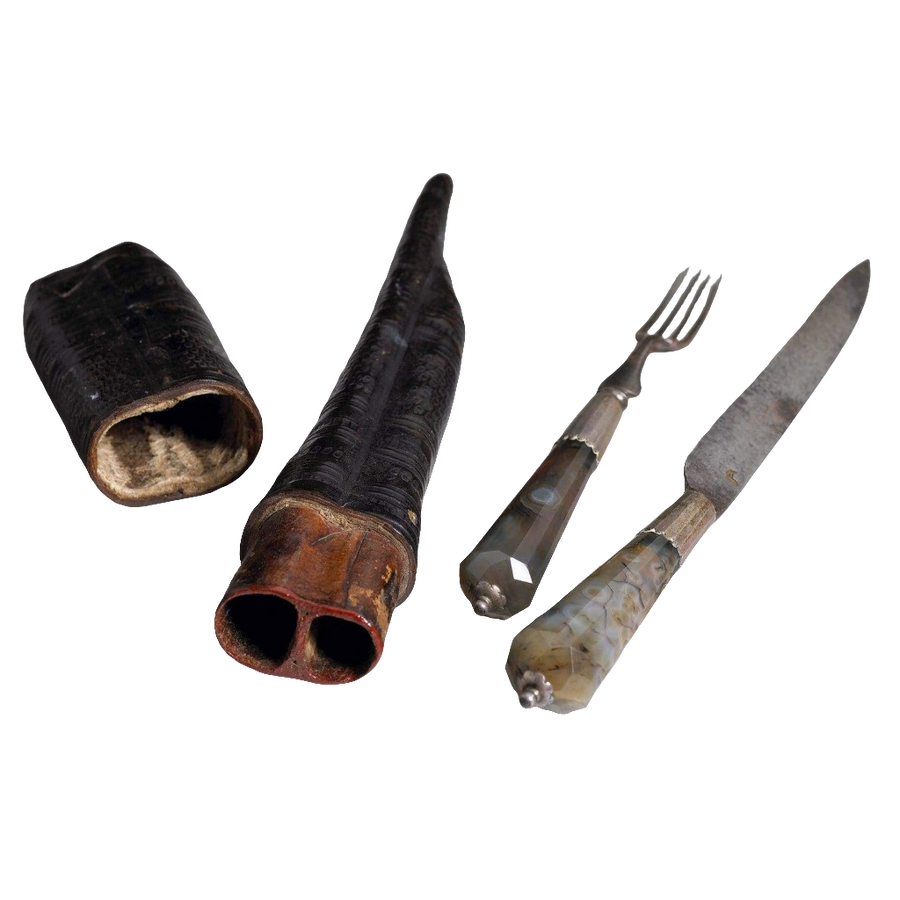 Early 18th century two-piece cutlery with agate handles and leather case by Nicholas Wells Antiques