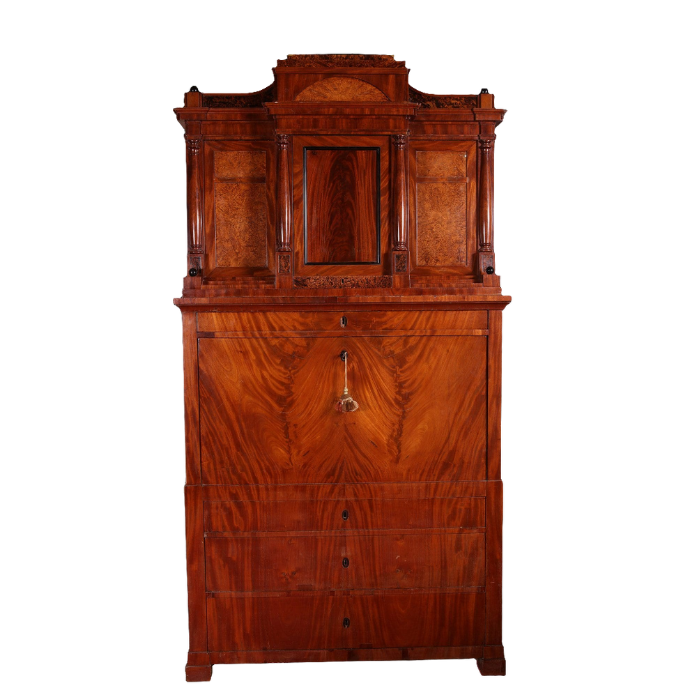 Biedermeier Secretaire abattant with flame mahogany veneers and hidden compartments, 19th century Baltic antique desk.