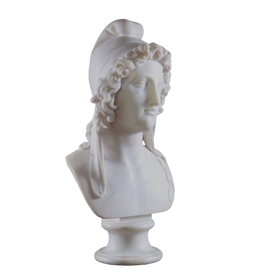 19th Century Bust of Paris carved from Carrara marble featuring mythological figure wearing a Phrygian cap on pedestal.