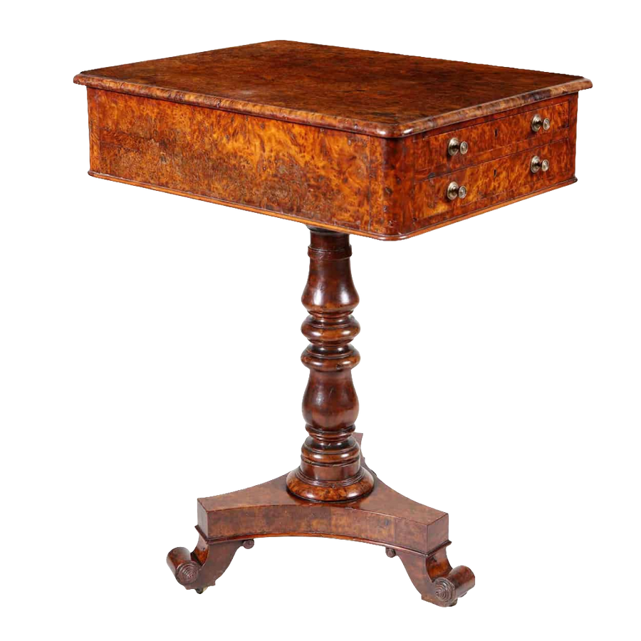 Regency Solid Burr Yew Wood Occasional Table with detailed carved pedestal and side drawers in rich yew wood finish