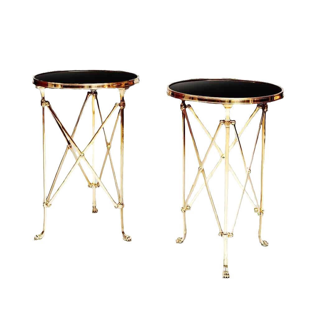 Pair of Mid-Century Roman End Tables with burnished brass legs, lion’s paw feet, and black Belgian marble tops.
