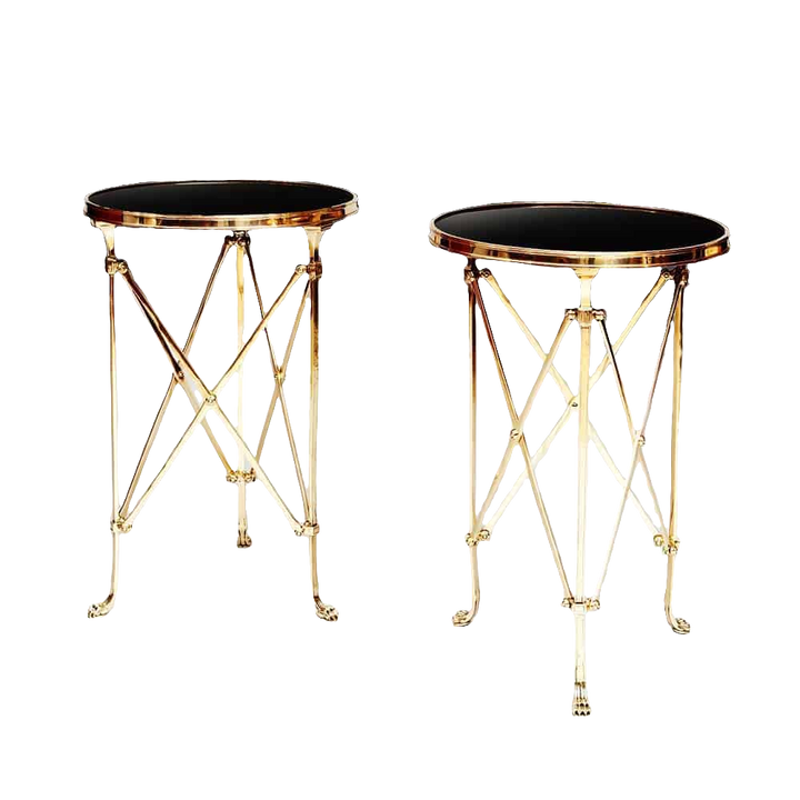 Pair of Mid-Century Roman End Tables with burnished brass legs, lion’s paw feet, and black Belgian marble tops.