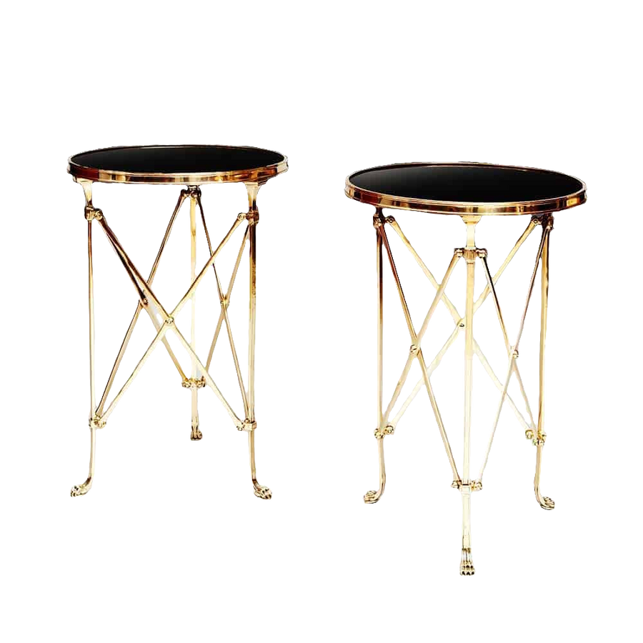 Pair of Mid-Century Roman End Tables with burnished brass legs, lion’s paw feet, and black Belgian marble tops.