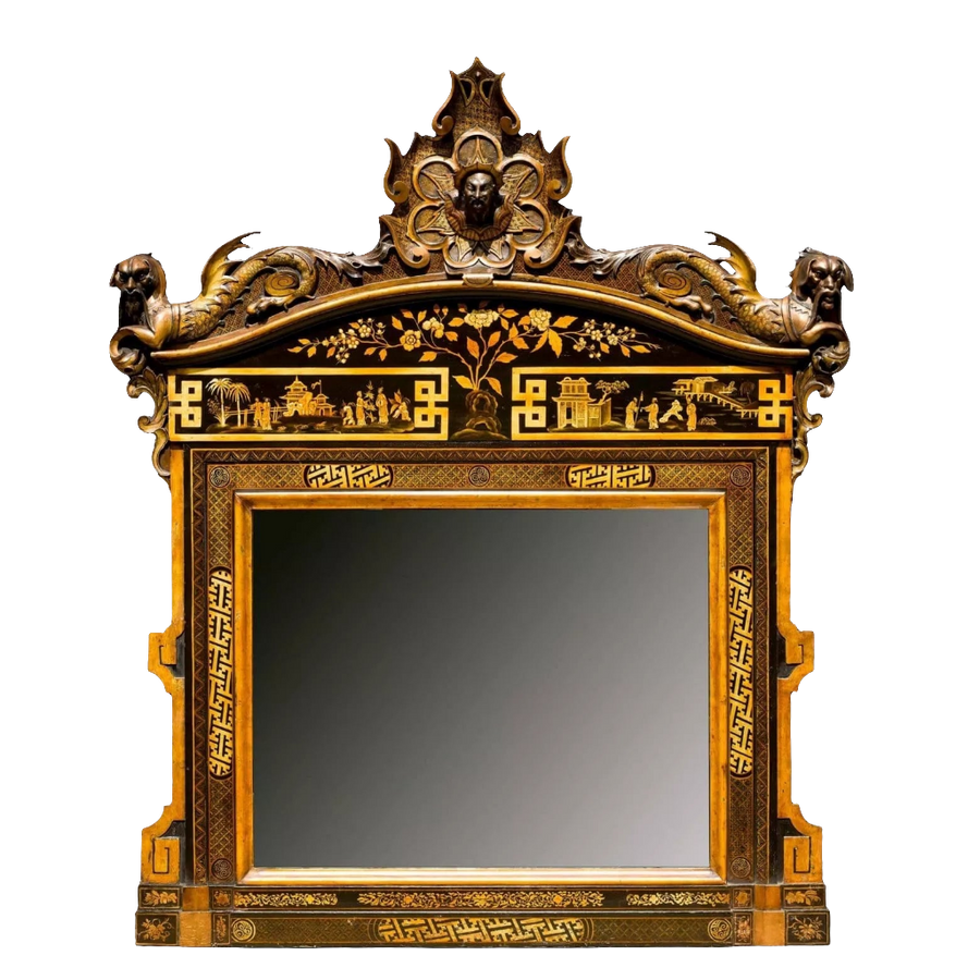 Chinoiserie Black Japanned Overmantel Mirror with gold hatched border and ornate oriental scenes, England circa 1870.