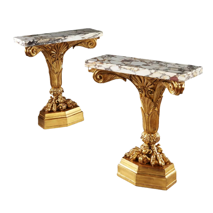 Pair of Antique Neo Classical Giltwood and Marble Monopedia Console Tables with ornate giltwood and marble tops.