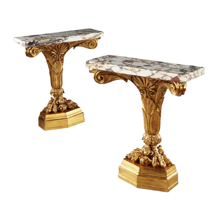 Pair of Antique Neo Classical Giltwood and Marble Monopedia Console Tables with ornate giltwood and marble tops.
