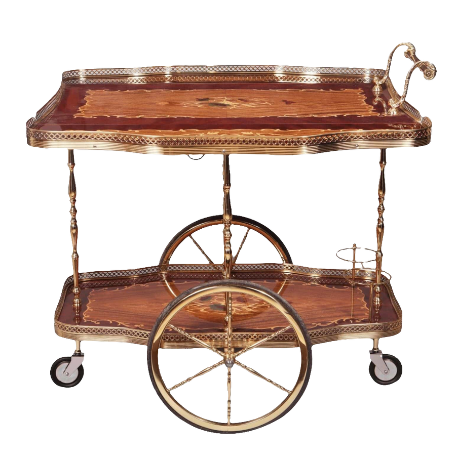 MID CENTURY ITALIAN MARQUETRY DRINKS TROLLEY with marquetry trays, brass galleries, and large central wheels circa 1960.