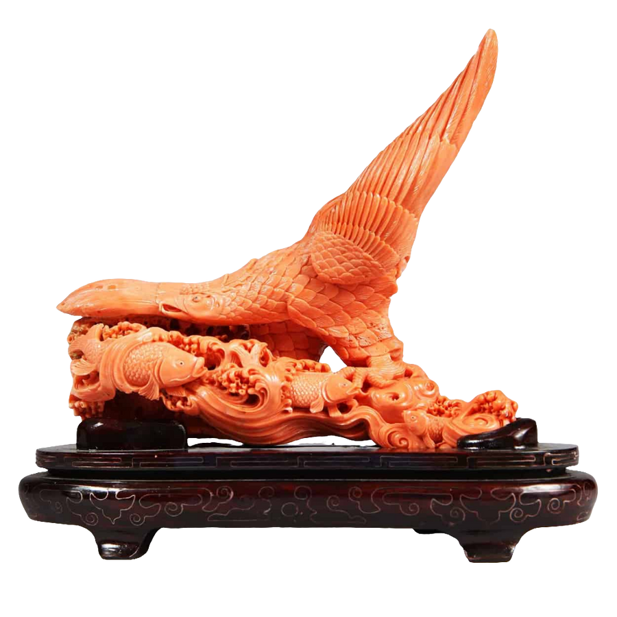 Japanese carved coral sculpture of a Stellar’s Sea Eagle catching fish, offered by Nicholas Wells Antiques