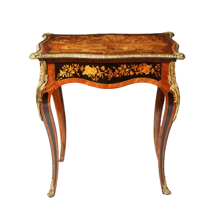 Exceptional 19th Century Marquetry Table with intricate marquetry, gilt bronze mounts, cabriole legs, and floral details.