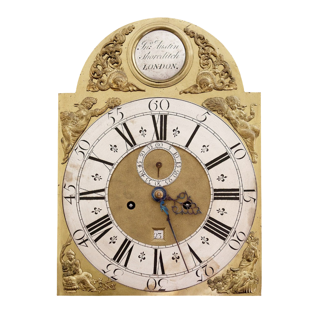 Close-up of ornate brass dial with Roman numerals and decorative engravings from Collection TH20 Austin of Shoreditch clock