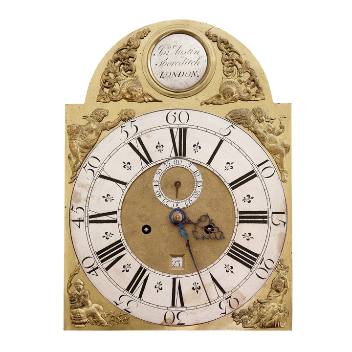 Close-up of ornate brass dial with Roman numerals and decorative engravings from Collection TH20 Austin of Shoreditch clock