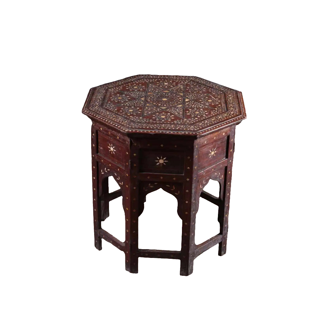 Hoshiarpur Folding Octagonal End Table with intricate bone inlay floral and geometric patterns, dark wood, antique Indian design.
