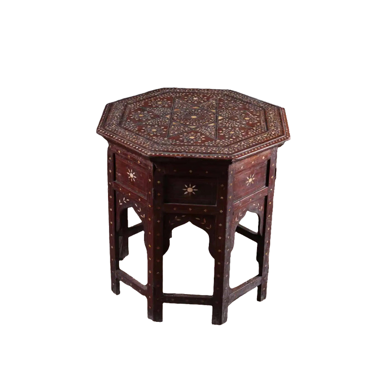 Hoshiarpur Folding Octagonal End Table with intricate bone inlay floral and geometric patterns, dark wood, antique Indian design.
