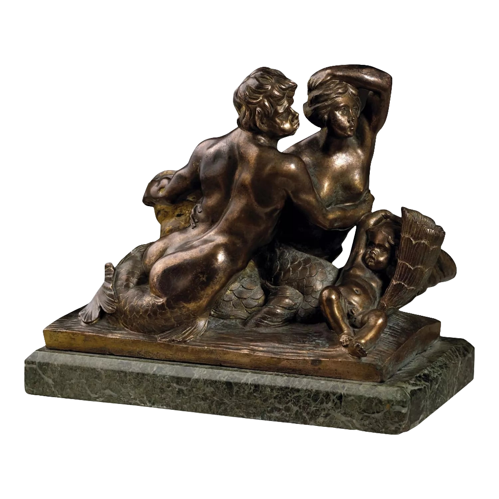 Triton and Nereid bronze sculpture on Verde d’Alep marble base, circa 1850, intricate 17th-century design.