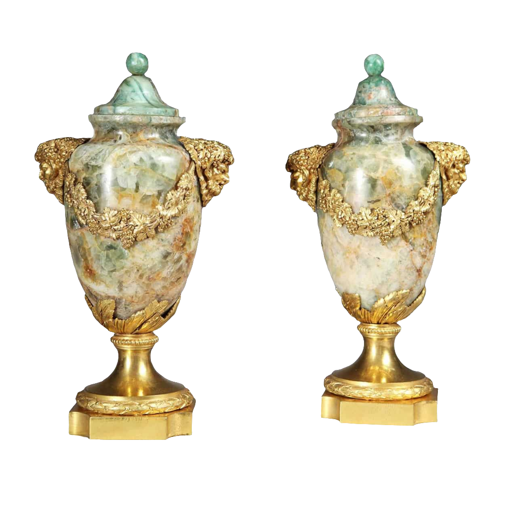 Pair of rare Louis XVI Weardale Fluorspar and ormolu urns with Satyr mask mounts by Nicholas Wells Antiques