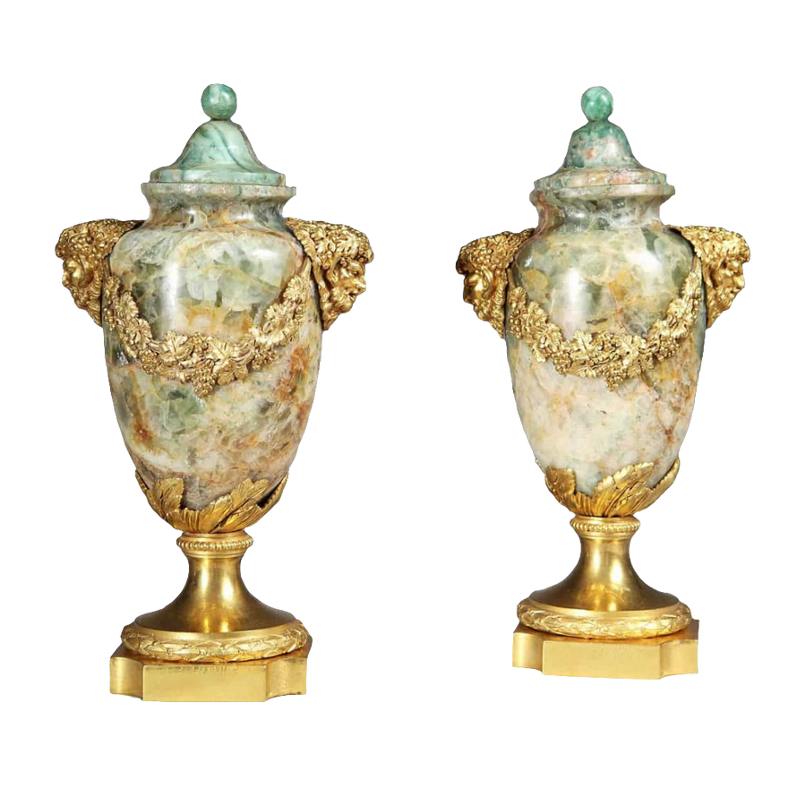 Pair of rare Louis XVI Weardale Fluorspar and ormolu urns with Satyr mask mounts by Nicholas Wells Antiques
