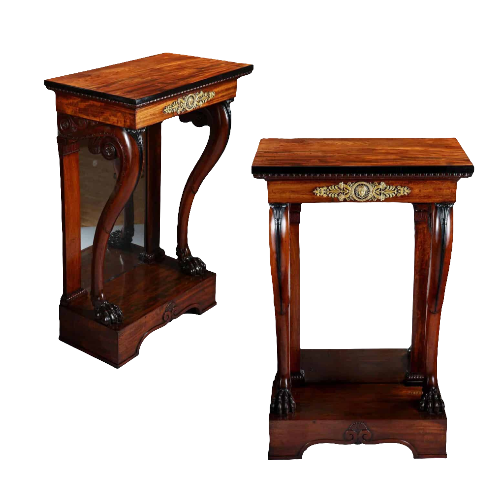 Pair of Regency Pier Console Tables with mahogany tops, gilt bronze mounts, lion feet, and mirrored backs, circa 1810.