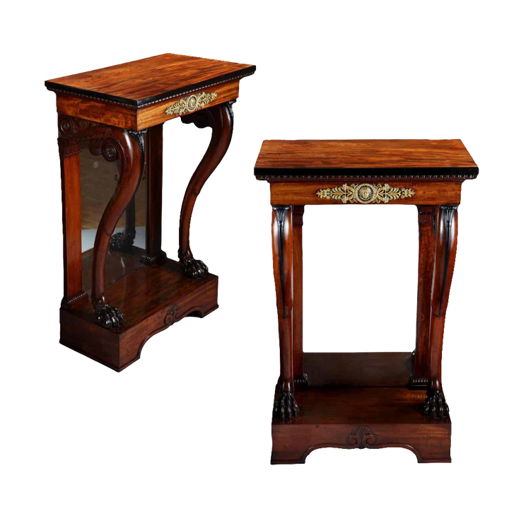 Pair of Regency Pier Console Tables with mahogany tops, gilt bronze mounts, lion feet, and mirrored backs, circa 1810.