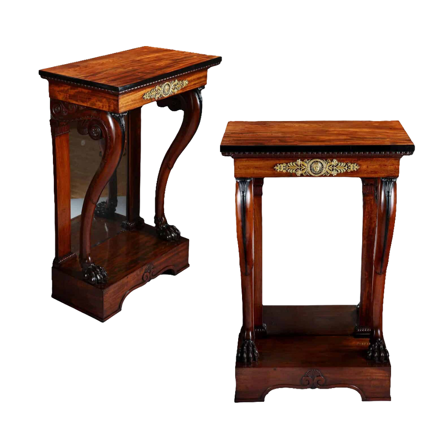 Pair of Regency Pier Console Tables with mahogany tops, gilt bronze mounts, lion feet, and mirrored backs, circa 1810.