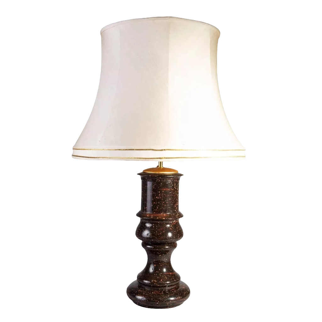 A rare large scale Swedish porphyry vase as a lamp with a cylindrical body and white lampshade.