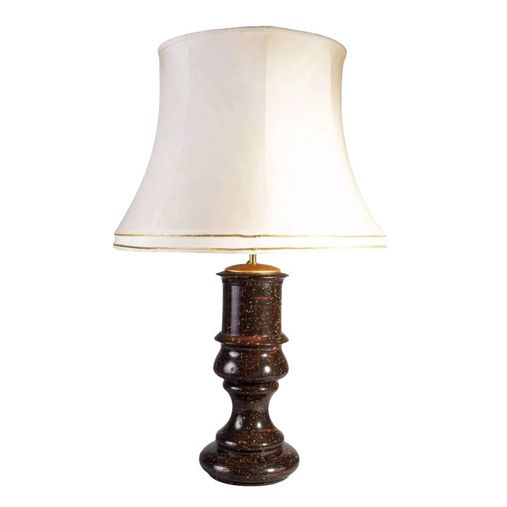 A rare large scale Swedish porphyry vase as a lamp with a cylindrical body and white lampshade.