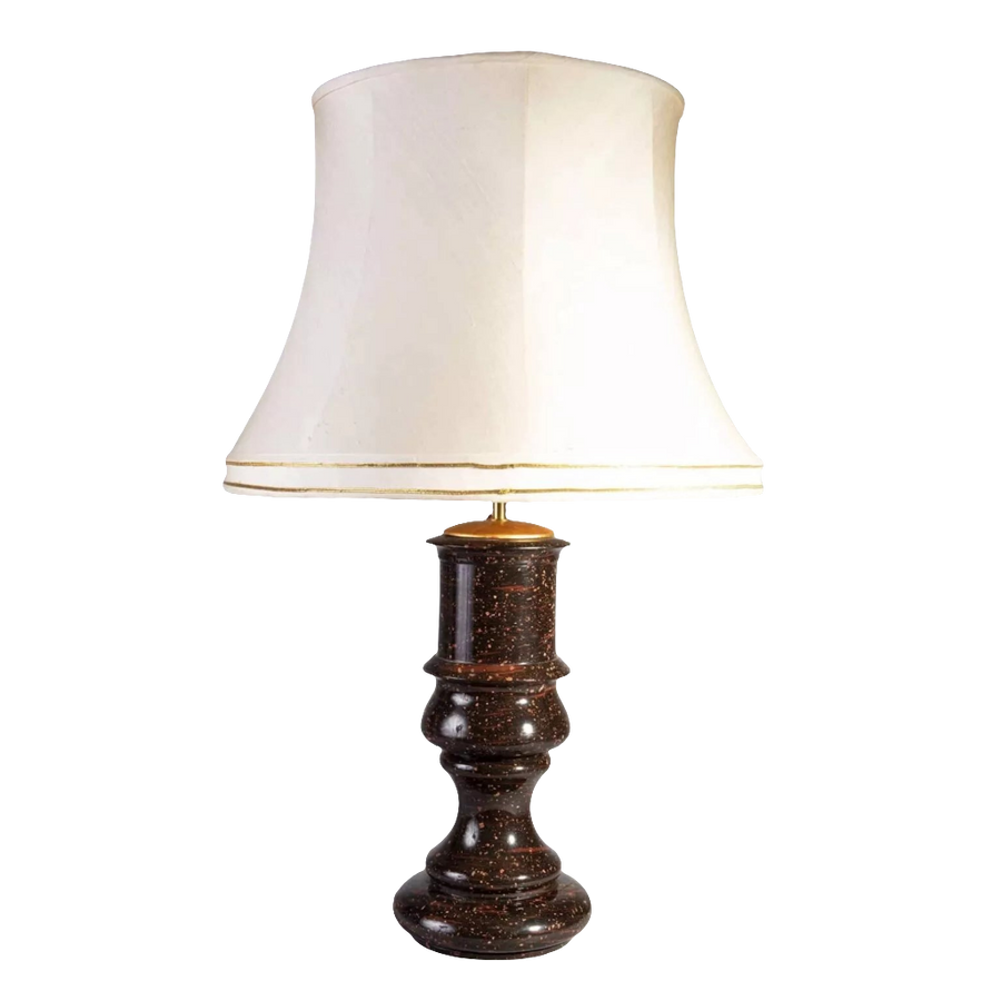A rare large scale Swedish porphyry vase as a lamp with a cylindrical body and white lampshade.