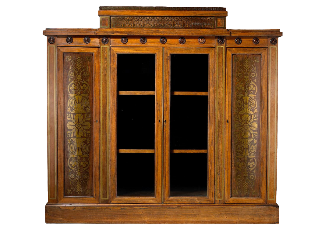 George Bullock Breakfront Rosewood and Brass Inlaid Side Cabinet with glazed doors and floral marquetry panels circa 1810 England