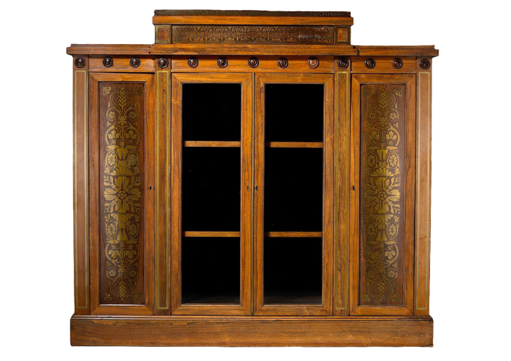 George Bullock Breakfront Rosewood and Brass Inlaid Side Cabinet with glazed doors and floral marquetry panels circa 1810 England