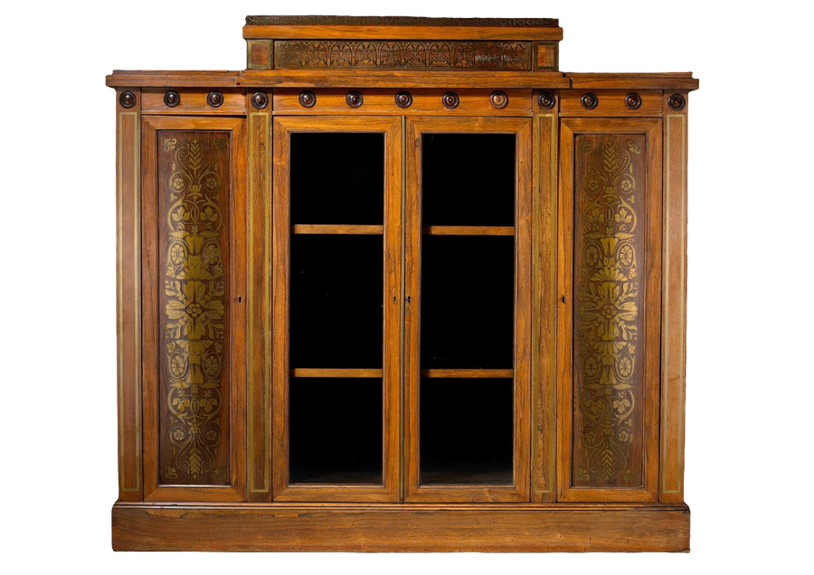 George Bullock Breakfront Rosewood and Brass Inlaid Side Cabinet with glazed doors and floral marquetry panels circa 1810 England