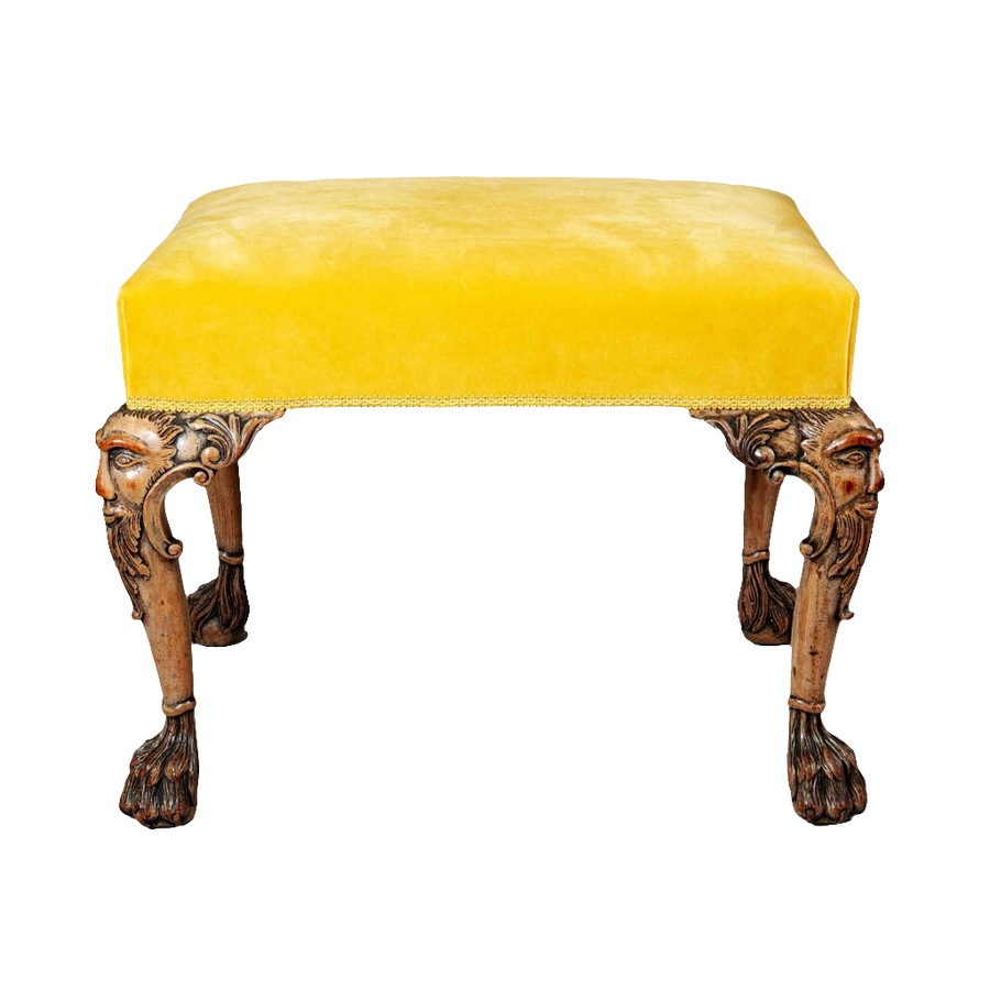 19th century George II style stool in faded walnut with yellow velvet seat by Collection CK20