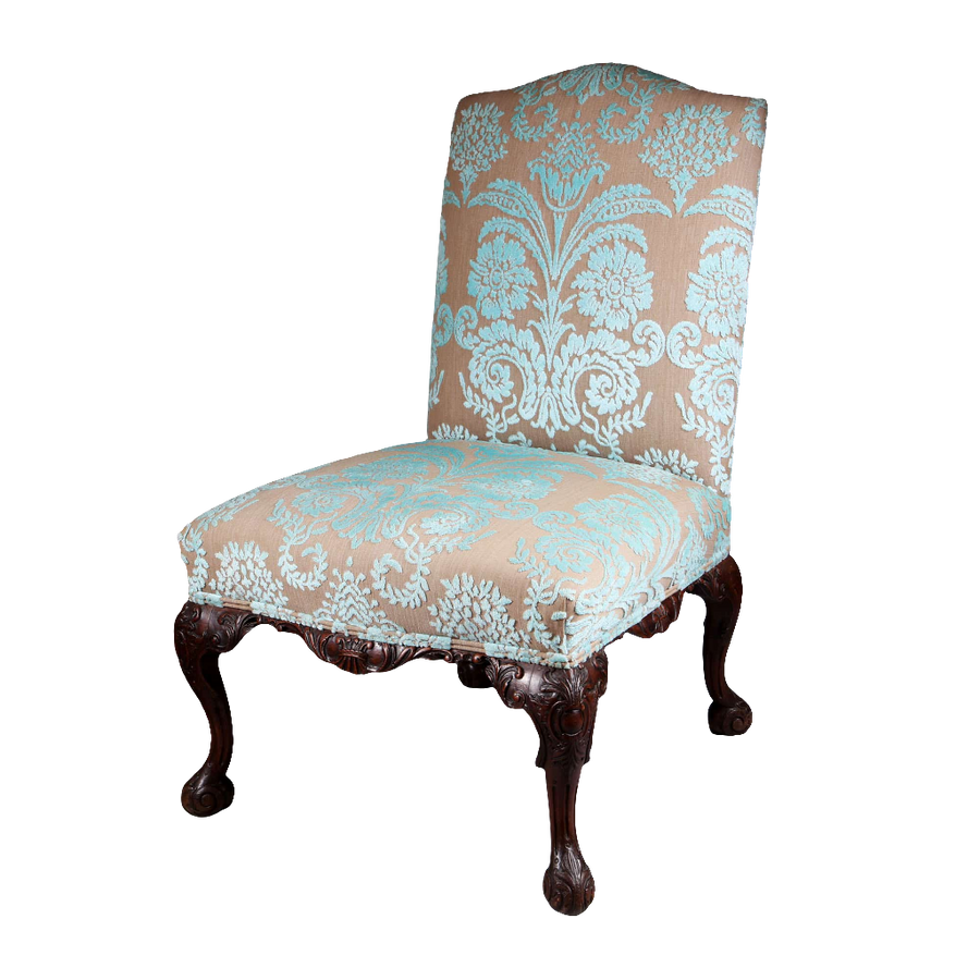Elegant mahogany side chair with blue damask upholstery, carved cabriole legs, George II style by Collection CK20