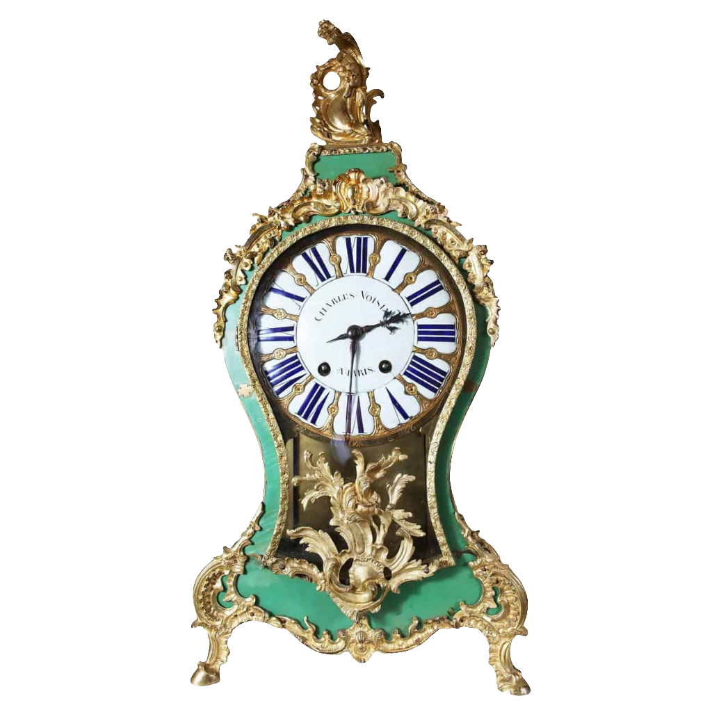 18th century Louis XV bracket cartel clock by Charles Voisin with green horn veneer and gilt bronze mounts from Nicholas Wells Antiques