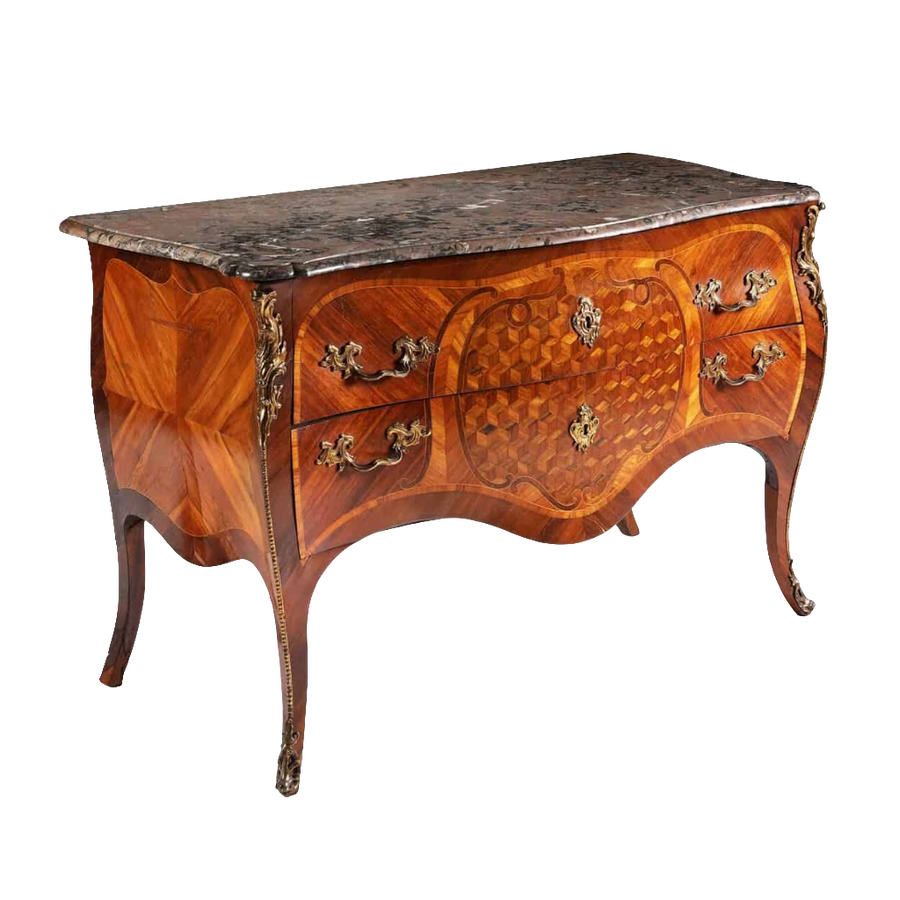 Louis XV Commode Sauteuse with bombe shape, parquetry wood, original marble top, and shaped legs, circa 1760.