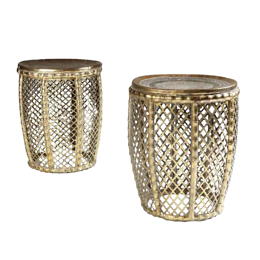 Pair of pierced faux bamboo brass stools from Collection EE30 with intricate latticework design circa 1970 India