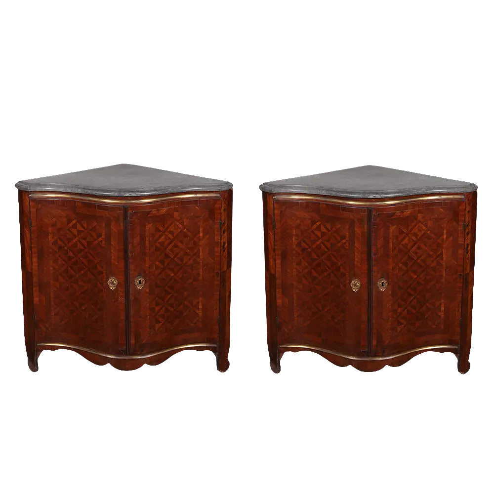 Pair of Italian Rococo parquetry encoignures with original grey marble tops from Collection NE10, circa 1765