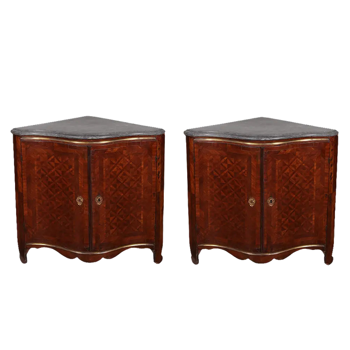 Pair of Italian Rococo parquetry encoignures with original grey marble tops from Collection NE10, circa 1765