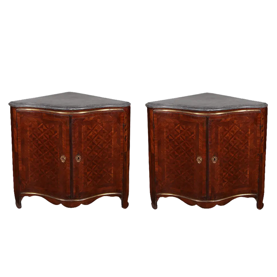 Pair of Italian Rococo parquetry encoignures with original grey marble tops from Collection NE10, circa 1765